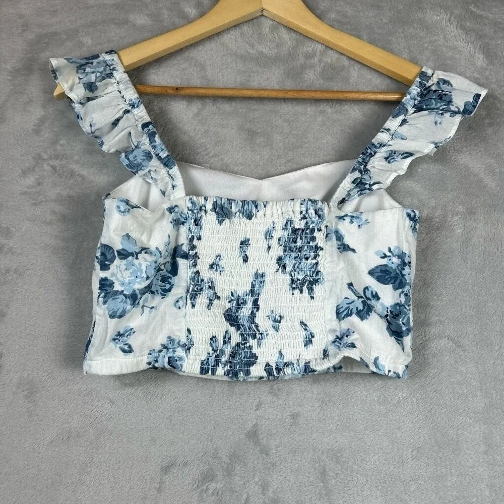 dRA Floral Ruffle Sleeve Crop Top White Blue Women's Small Romantic Summer‎ - Picture 2 of 8